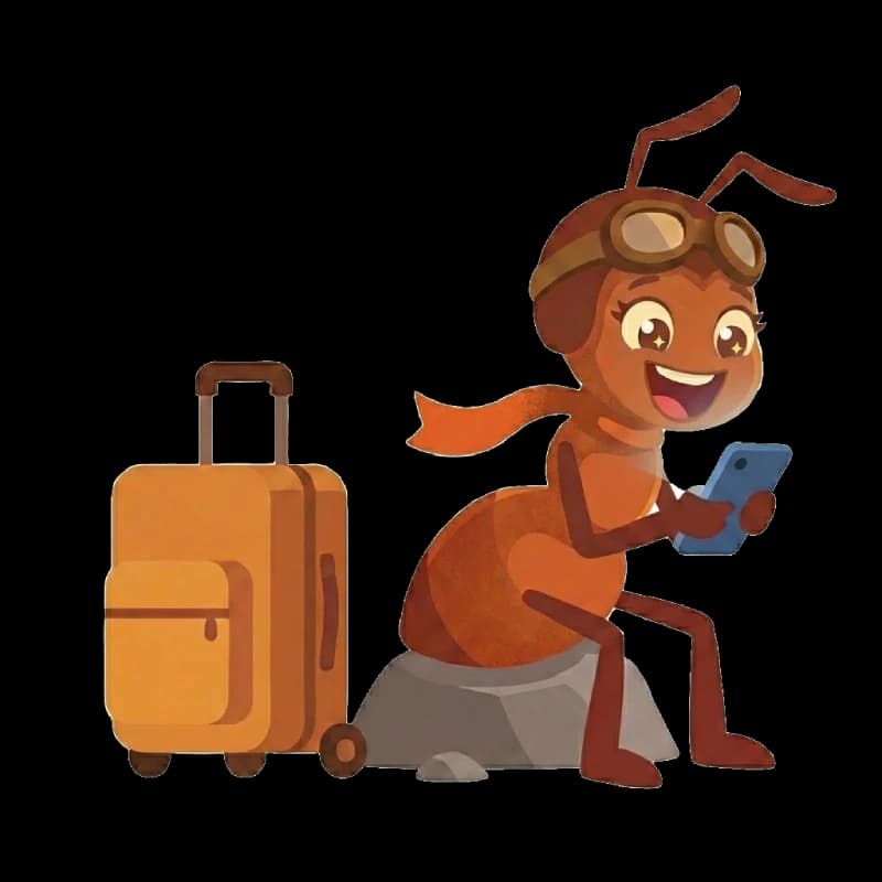 Formiga feliz viajando